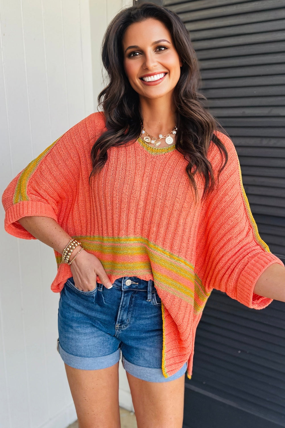 Fresh Salmon Striped V Neck Dolman Sleeve Rib Knit Oversized Sweater with Slits