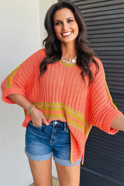 Fresh Salmon Striped V Neck Dolman Sleeve Rib Knit Oversized Sweater with Slits