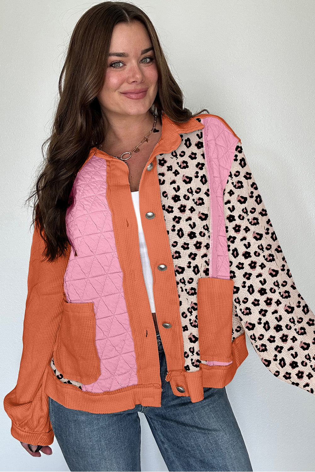 Pink Leopard Waffle Quilted Patchwork Button Front Jacket