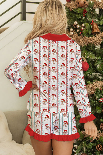 White Santa & Stripes Ruffle PJ Set