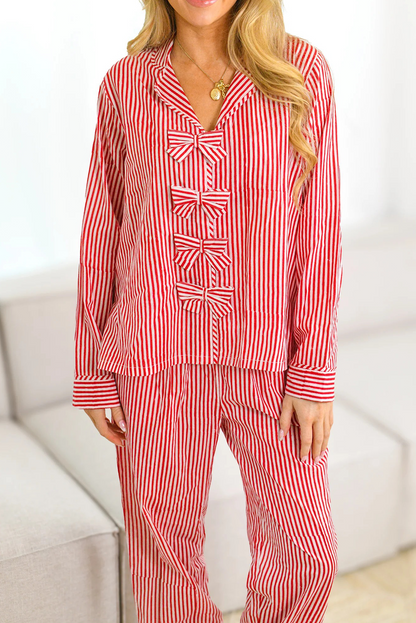 Red Stripe Bow Knot Front Lapel Collar Long 2pcs Lounge Set
