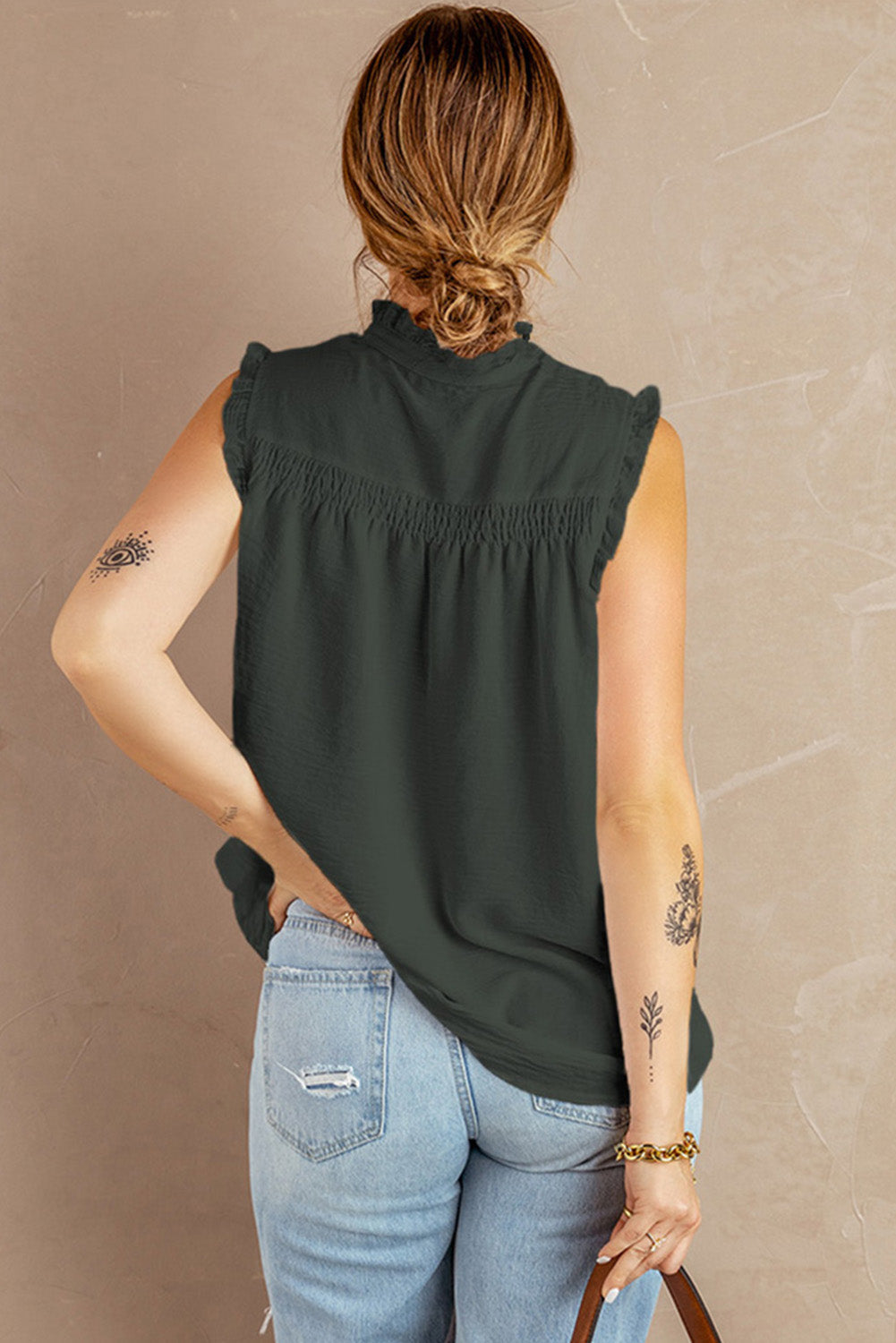Green Buttoned Frill Tank Top