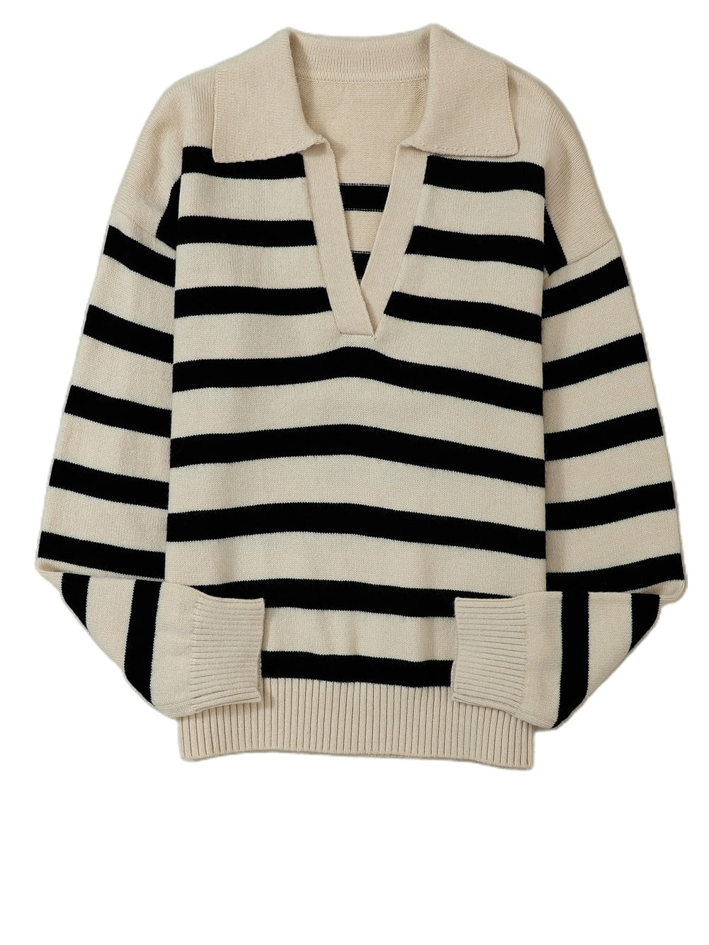 Apricot Striped Knit Collared V Neck Sweater with Drop Shoulder
