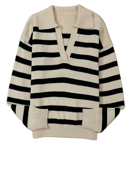 Apricot Striped Knit Collared V Neck Sweater with Drop Shoulder