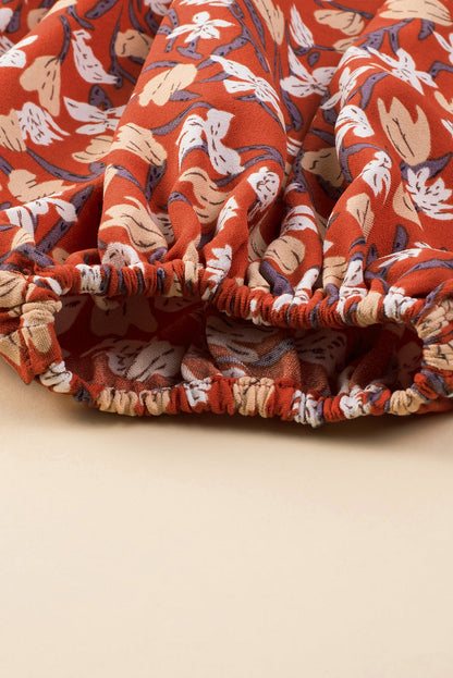 Elegant Gold Floral Square Neck Bubble Sleeve Plus Size Midi Dress