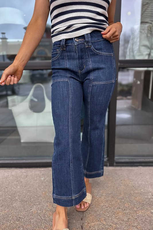 Dirty blue Contrast Seamed Straight Leg High Waist Jeans
