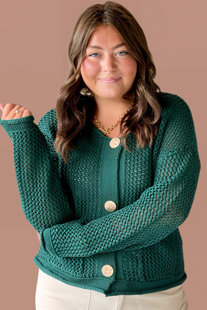 Blackish Green Plus Size Drop Shoulder Knit Button Down Sweater Cardigan