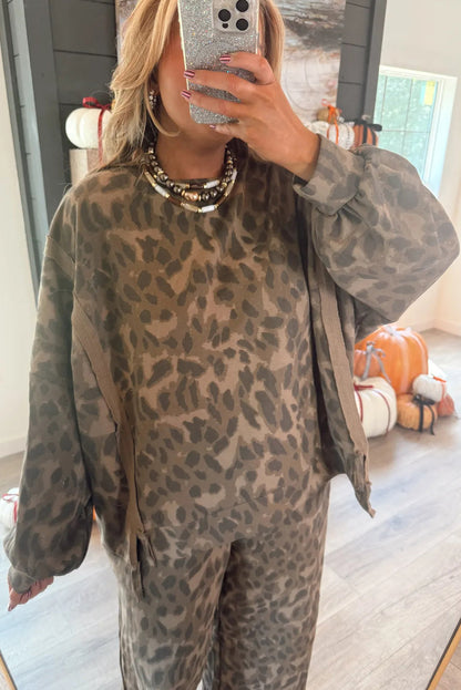 Brown Leopard Print Raw Seam Patchwork Pullover Drawstring Loose Pant Set