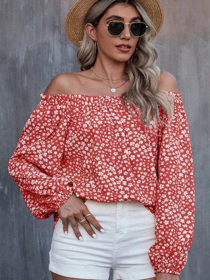 Floral Fire Red Off-Shoulder Blouse with Lantern Sleeves