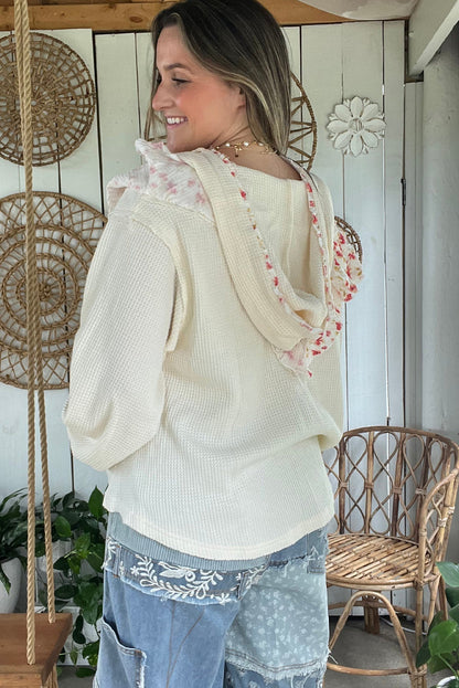 White Half Zip Waffle Knit Rhinestone Studded Floral Ruffle Trim Loose Hoodie