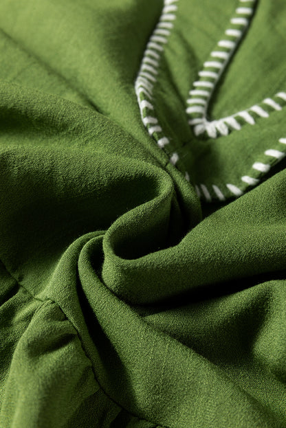 Jungle Green Contrast Stitched V Neck 3/4 Sleeve Tiered Mini Dress