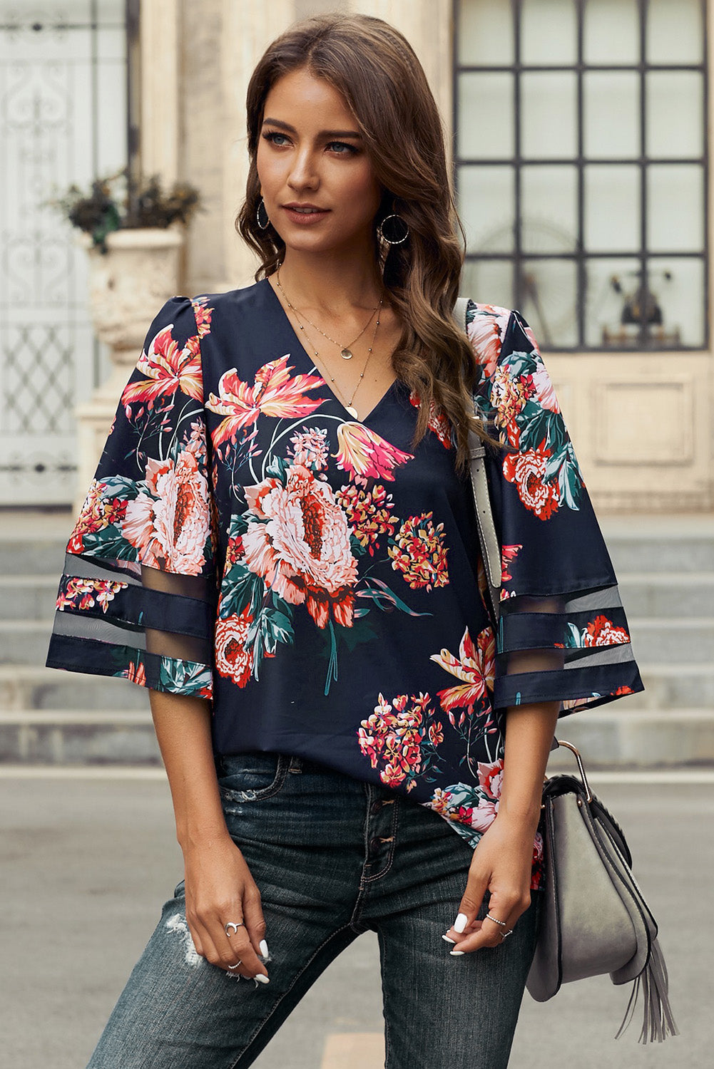 Fiery Red Floral Blouse with Sheer Patchwork Sleeve