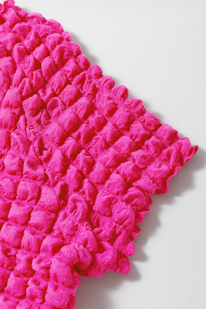 Strawberry Pink Bubble Textured Square Neck Plus Size Top with Short Sleeves