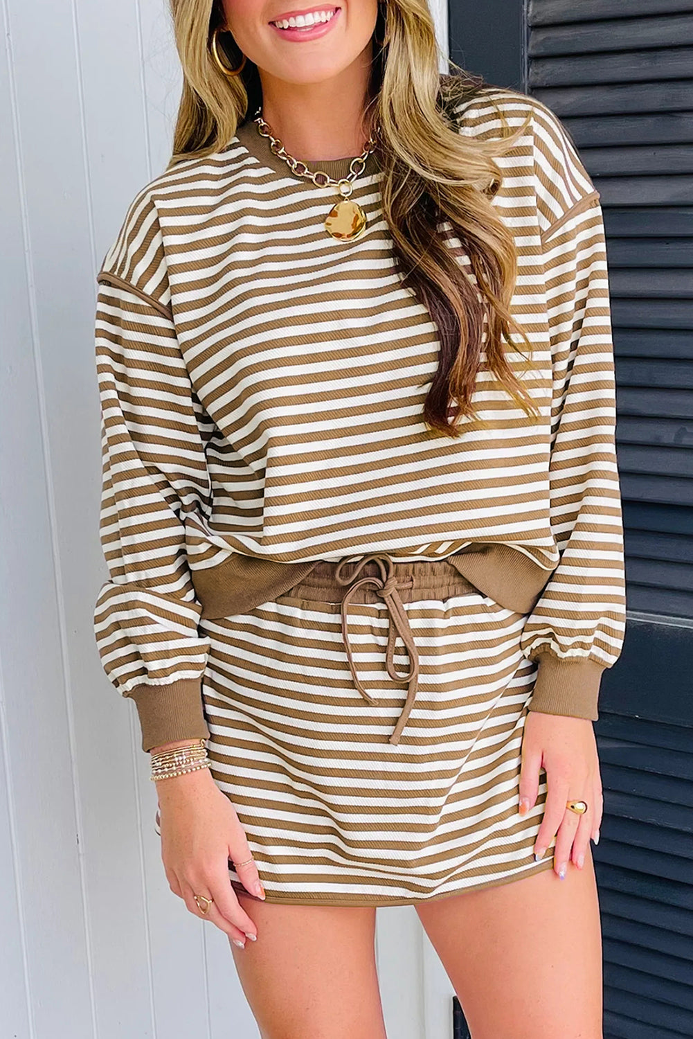 Brown Stripe Textured Drop Shoulder Pullover Top Drawstring Mini Skirt Two Piece Dress Set
