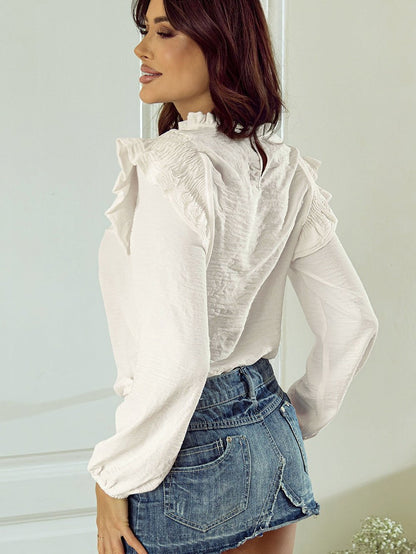Elegant White Bubble Sleeve Ruffle Blouse