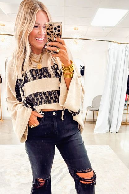 Beige Waffle Textured Exposed Seam Contrast Floral Lace Patchwork Sweatshirt