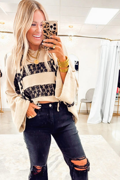 Beige Waffle Textured Exposed Seam Contrast Floral Lace Patchwork Sweatshirt