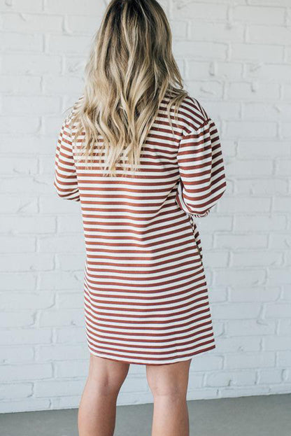 Brown Stripe Puffy Bracelet Sleeve Shift Mini T Shirt Dress