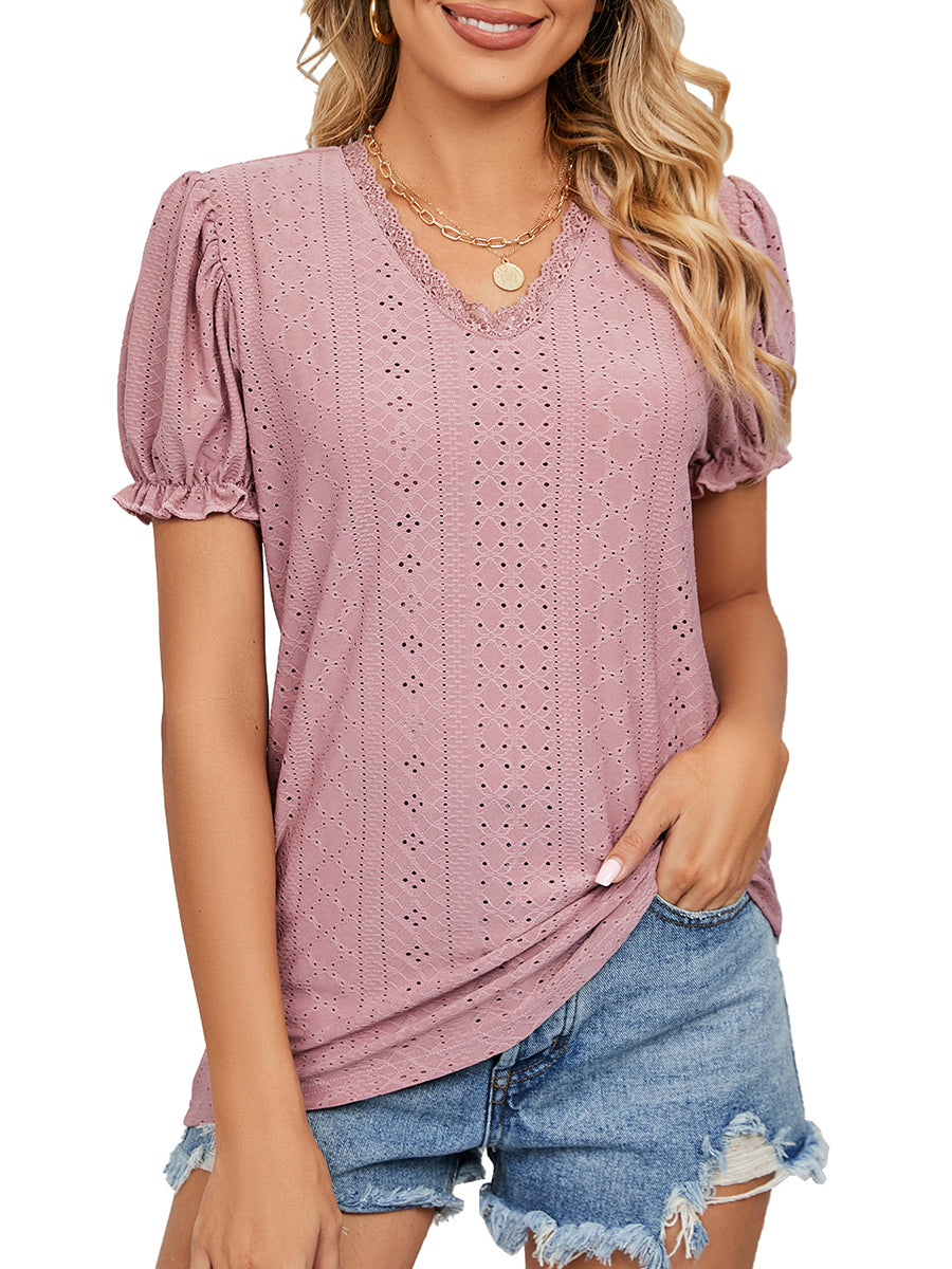 Solid Color Lace Stitching Hollow V-Neck T-Shirt