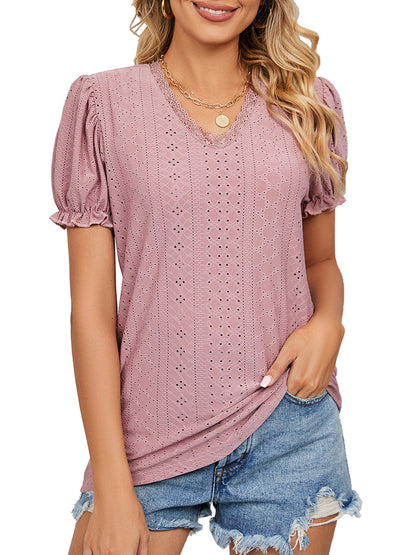 Solid Color Lace Stitching Hollow V-Neck T-Shirt