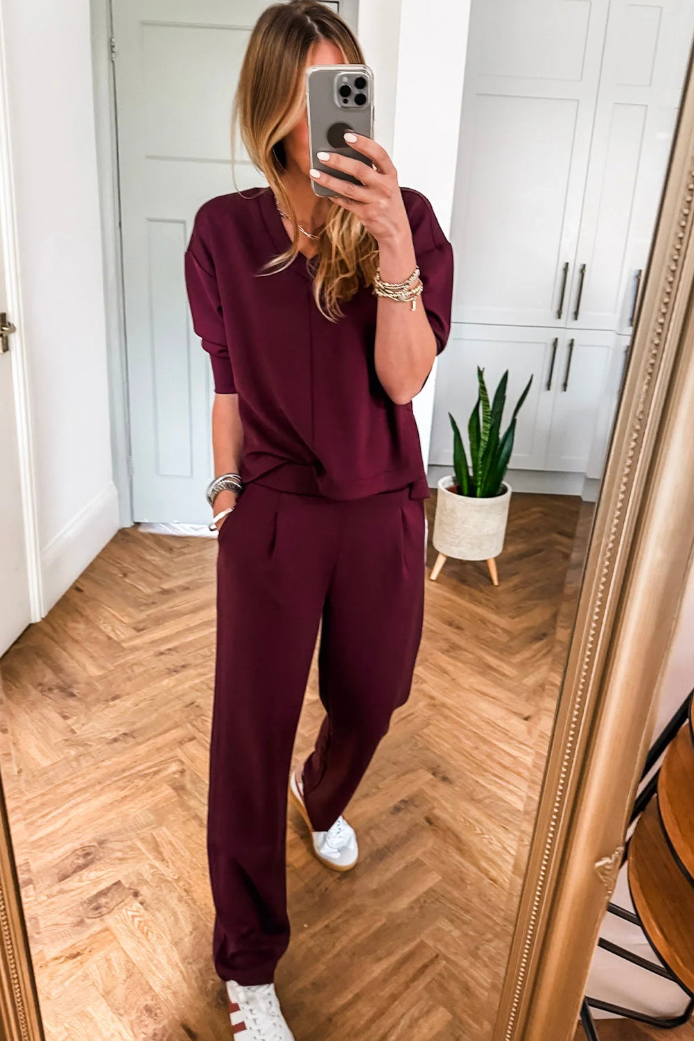 Red Dahlia Solid Color V Neck Tee Pocketed Casual Pant Set