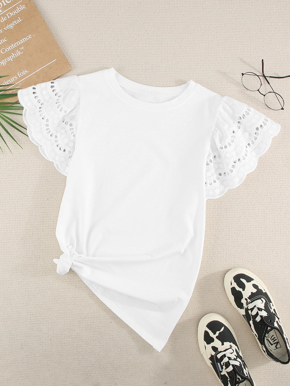 Elegant White Ruffle Sleeve Tee with Cut-Out Design
