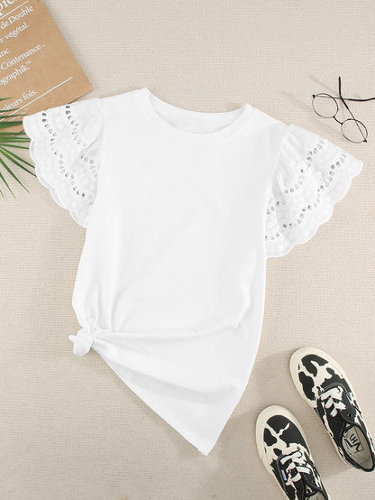 Elegant White Ruffle Sleeve Tee with Cut-Out Design