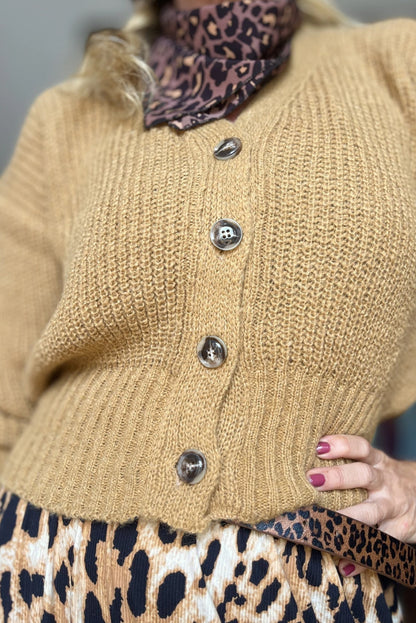 Jurassic Gold Button V Neck Fitted Hem Contrast Sweater Cardigan