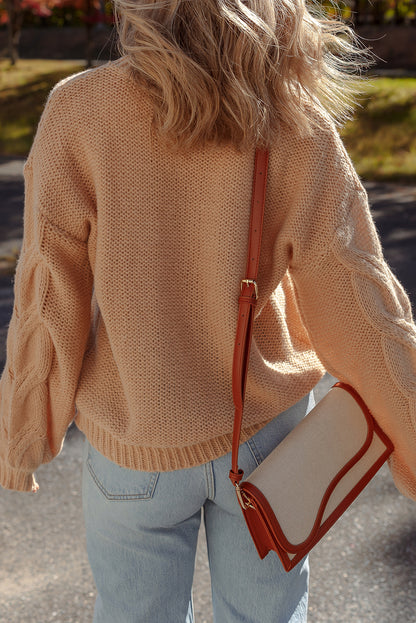 Camel Flower Crochet Cable Knit Drop Sleeve Sweater