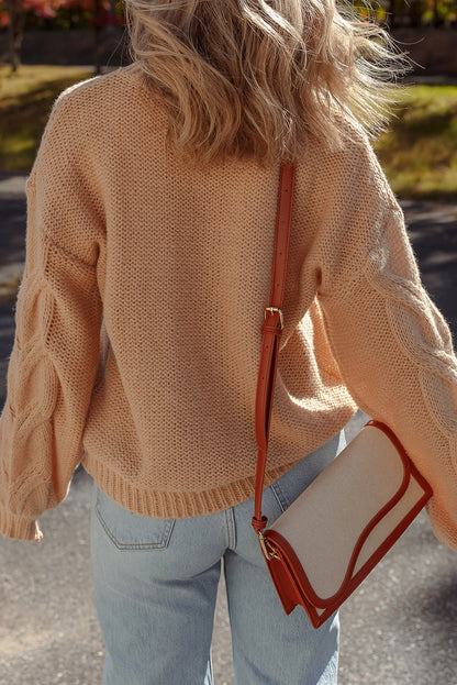 Camel Flower Crochet Cable Knit Drop Sleeve Sweater