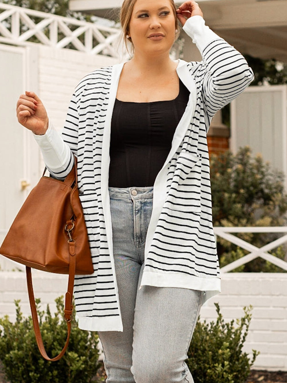 White Extended Long Sleeve Plus Size Striped Cardigan