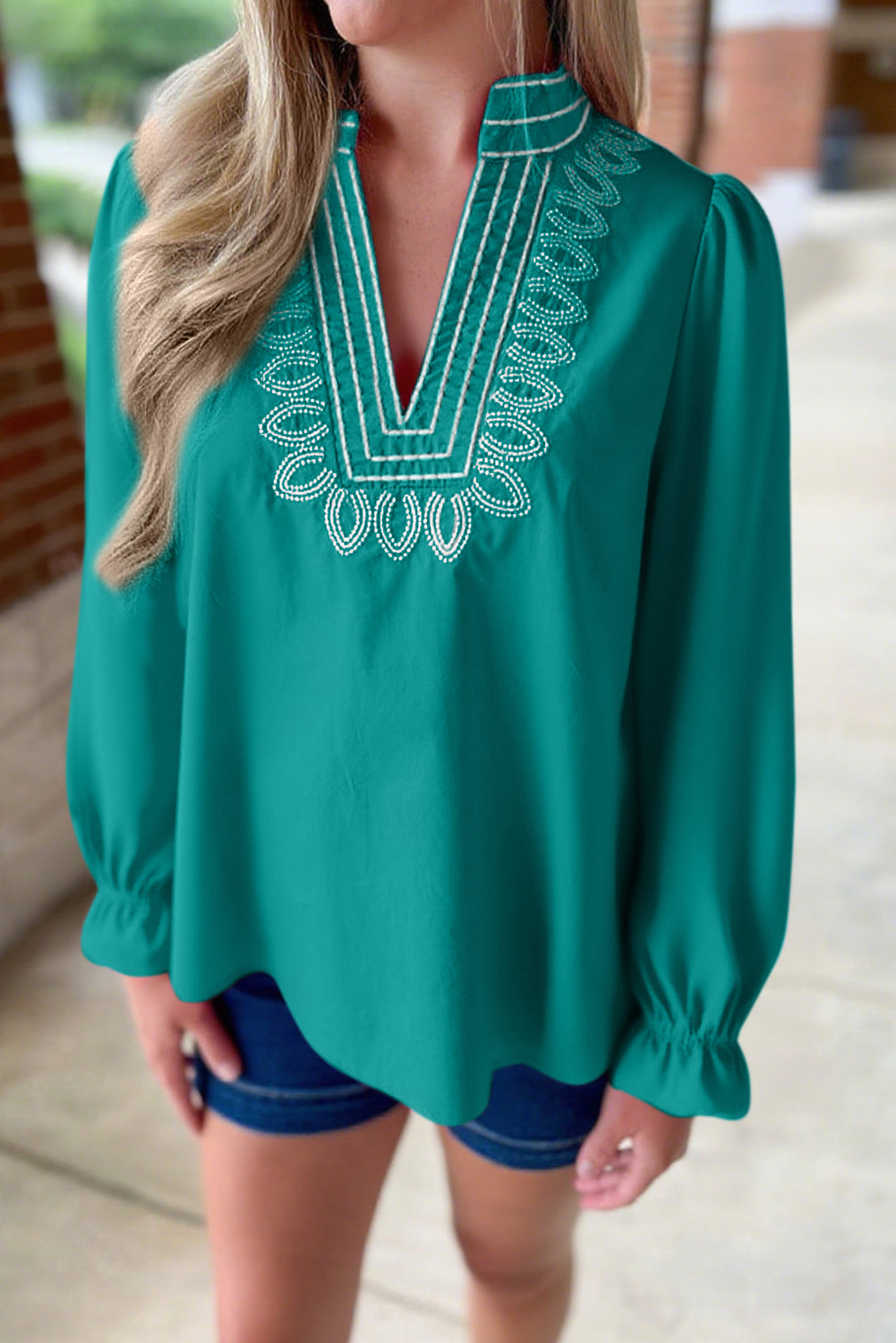 Lapis Embroidered V Neck Long Flounce Sleeve Blouse