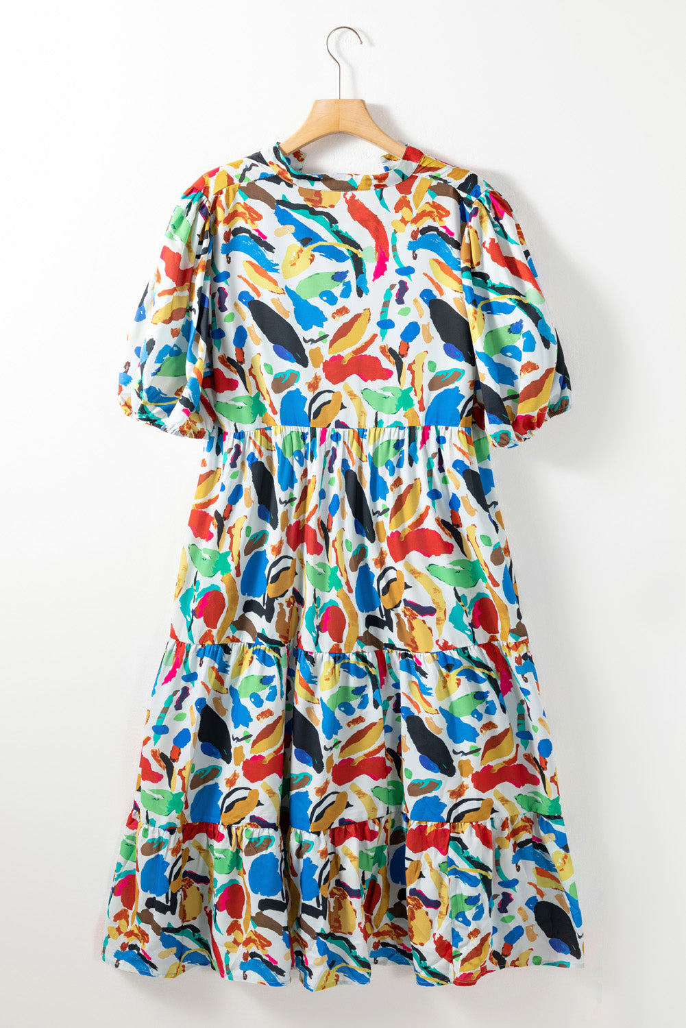 Green Abstract Print Notch Neck Bubble Sleeve Plus Dress