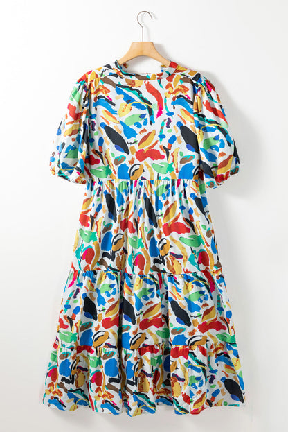 Green Abstract Print Notch Neck Bubble Sleeve Plus Dress