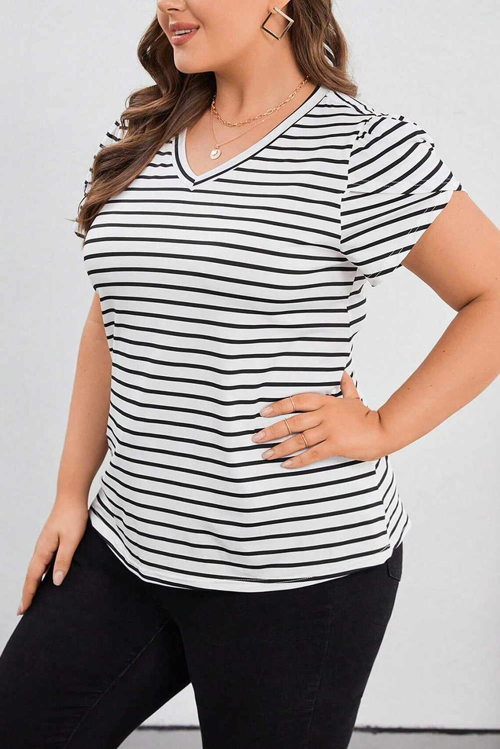 Elegant White Striped V Neck Petal Sleeve Plus Size Tee