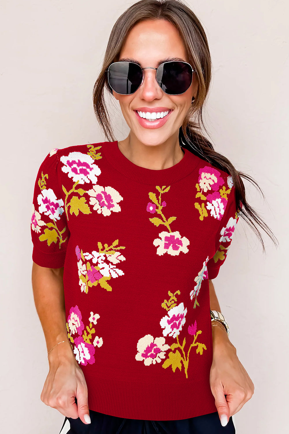 Red Flower Pattern Mock Neck Short Sleeve Knitted T Shirt