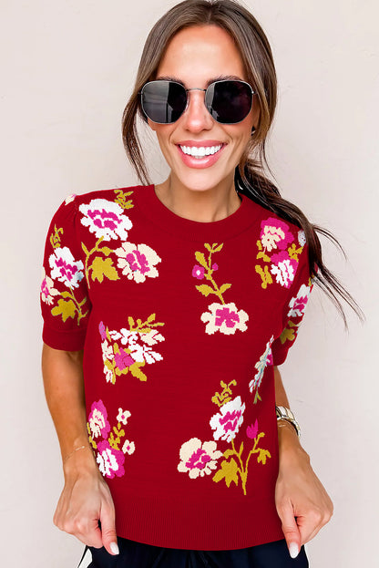 Red Flower Pattern Mock Neck Short Sleeve Knitted T Shirt