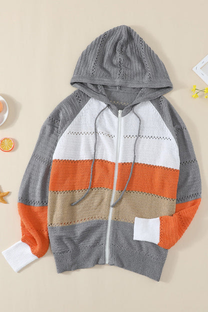 Gray Colorblock Knit Hoodie with Zipper Detail