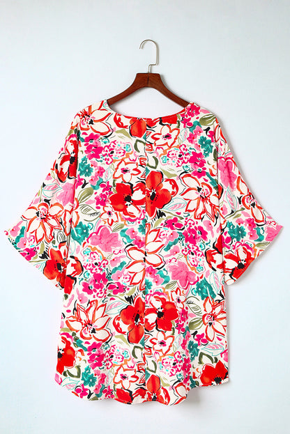 Floral Print Rose Kimono Sleeve Plus Size Blouse