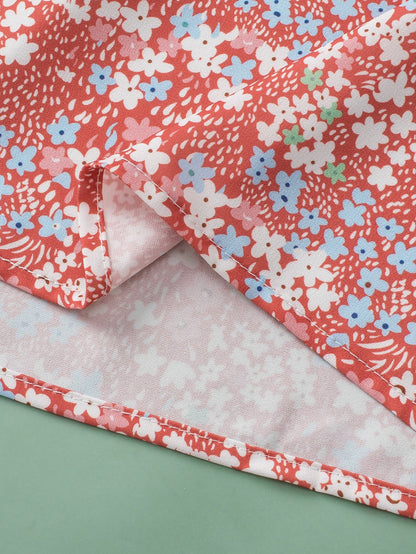 Pink Plus Size Floral Print Ruffled Sleeve Frilled Neck Blouse