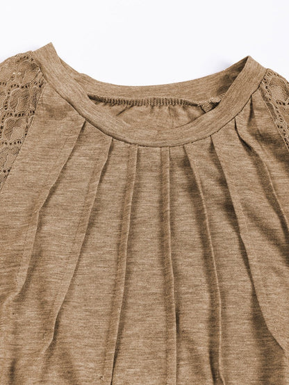 Elegant Light Beige Lace Detail Round Neck Top with Plicate Sleeves