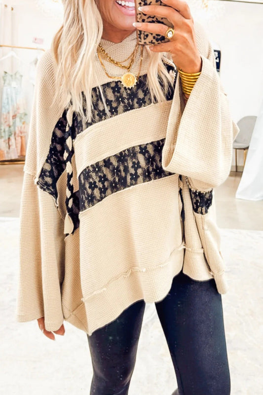 Beige Waffle Textured Exposed Seam Contrast Floral Lace Patchwork Sweatshirt