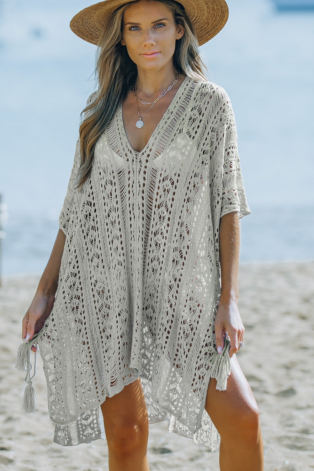 Boho Gray Crochet Beach Dress with Tassel Detail