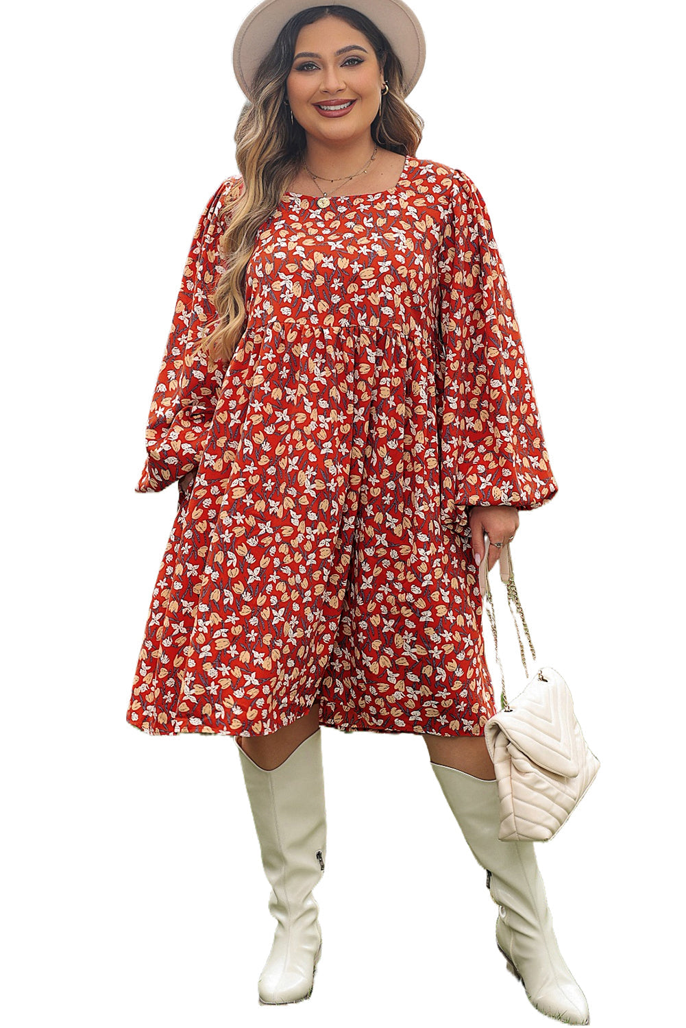 Elegant Gold Floral Square Neck Bubble Sleeve Plus Size Midi Dress