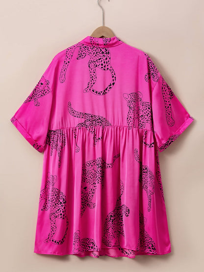 Rose Cheetah Print Half Sleeve Buttoned Plus Size Mini Dress