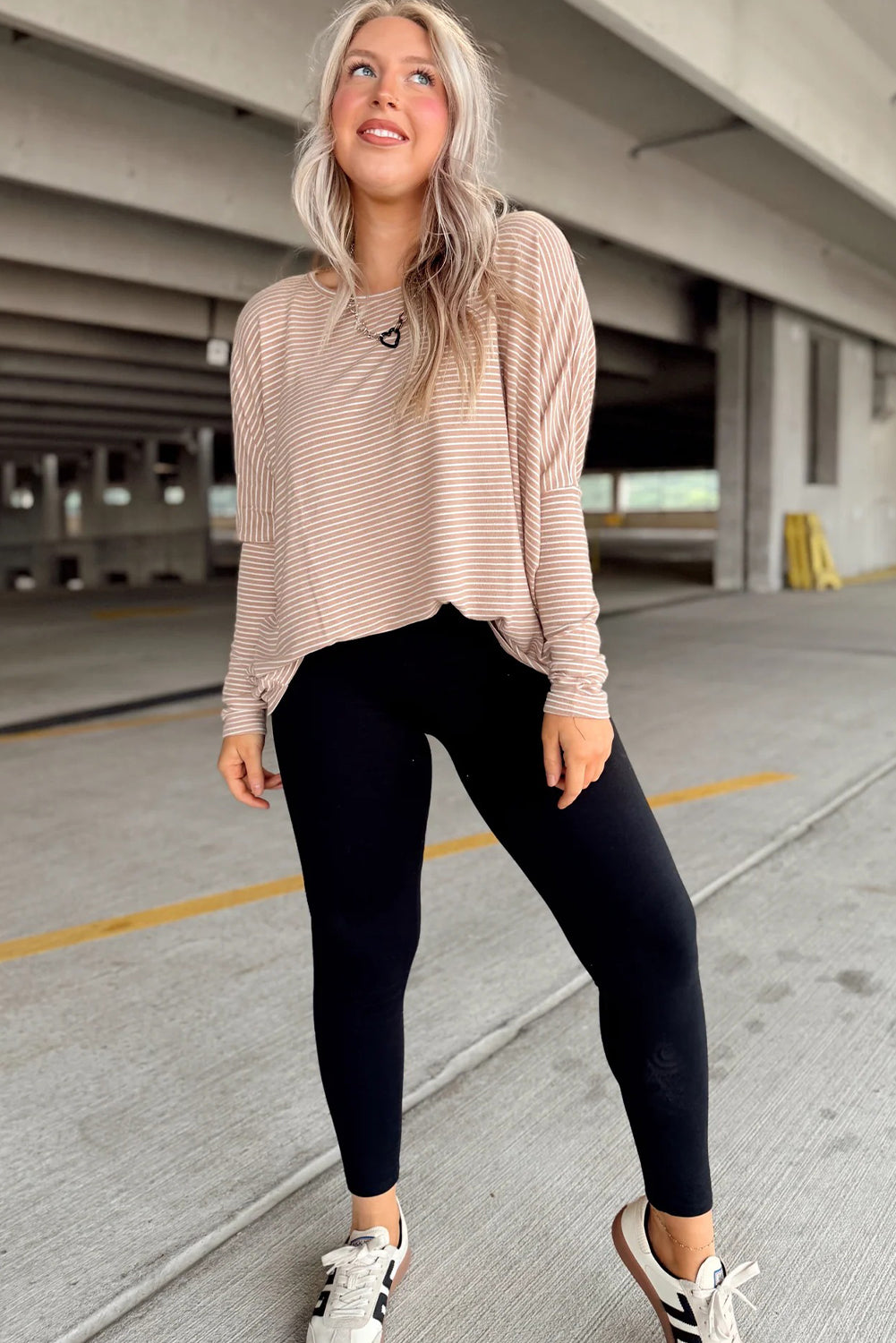 Khaki Stripe Round Neck Dolman Long Sleeve Top