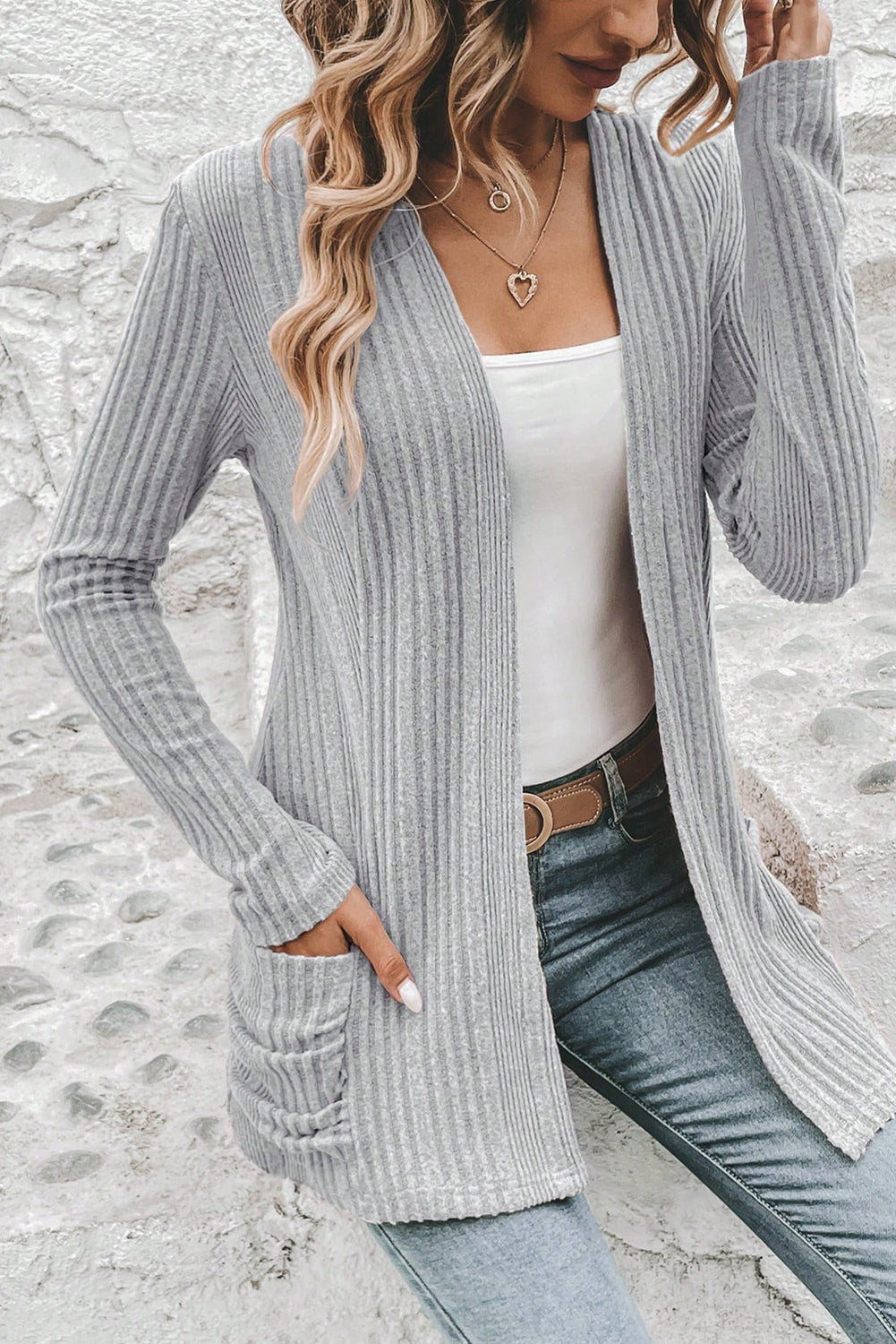 Light Grey Ribbed Open Front Knitted Top with Pockets