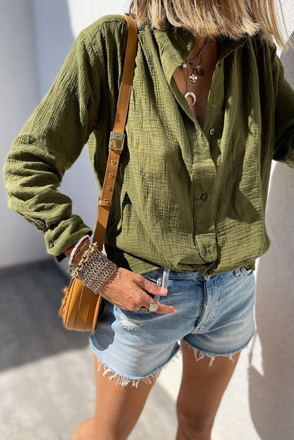 Green Crinkle Textured Button Front Jungle Shirt