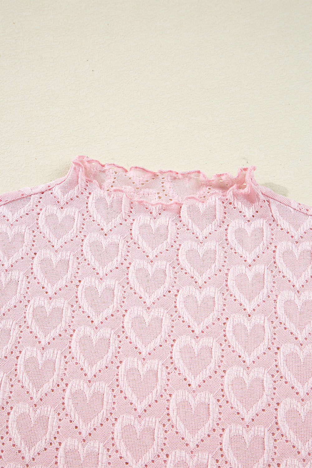 Gossamer Pink Heart Jacquard Flare Sleeve Mock Neck Fitted Top