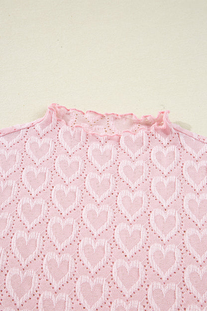 Gossamer Pink Heart Jacquard Flare Sleeve Mock Neck Fitted Top
